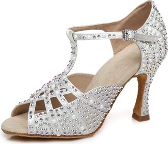 Minitoo Latin Ballroom Shoes for Women Rhinestones Beaded Wedding Formal Party Sandals L431 White 9cm Heel UK 2