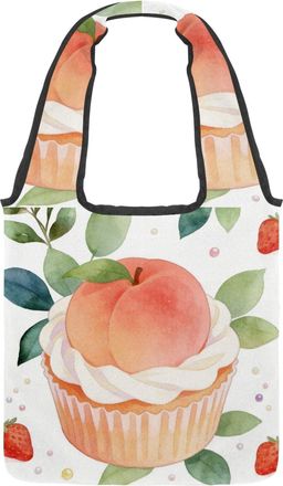 Generic Peach Blossom Cupcake Reversible Canvas Shoulder Tote - Double-Sided Print, 12oz Cotton, 27cm Drop, Fold-Flat Bag for Travel, Shopping, Street Outings