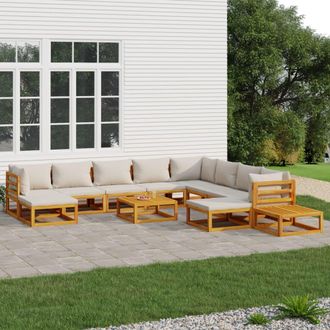 vidaXL Set Muebles Jard&iacute;n 12 Pzas Madera Maciza Y Cojines Gris Claro Vidaxl
