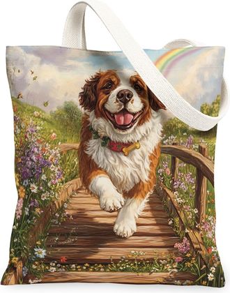 Generic Spring St. Bernard Dog Canvas Tote Bag for Shopping 13x15, Country Garden Puppy Reusable Grocery Print Pattern Bag for Women, Fun Flower Pet Beach Aes