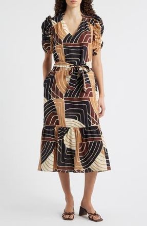 Ciebon Merl Tie Waist Midi Dress in Chocolate Multi at Nordstrom Rack, Size X-Large