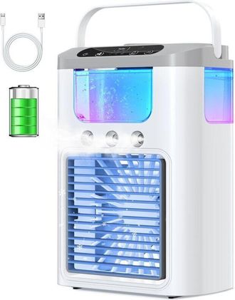OEM Mini Aire Acondicionado Port&aacute;til Con Bater&iacute;a De 1200 Mah, Dep&oacute;sito De Agua De 600 Ml, Ventilador Y Luz Nocturna De 7 Colores, 3 Modos De Nebulizaci&oacute;n,