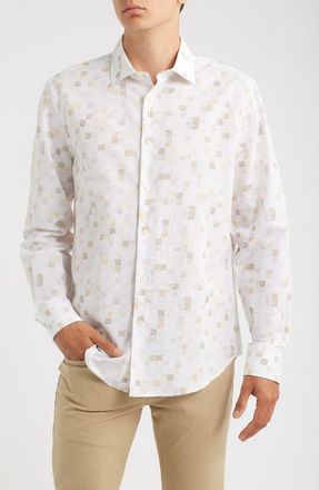 Bugatchi Axel Trim Fit Geometric Print Cotton & Linen Button-Up Shirt in Desert at Nordstrom, Size Xx-Large