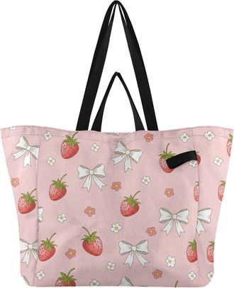 Generic Cute Strawberries Bows Pink print Reusable Canvas Tote Bag, Heavy Duty Grocery Shopping Bag with Large Capacity Hard Bottom Double Handles Work Grocer