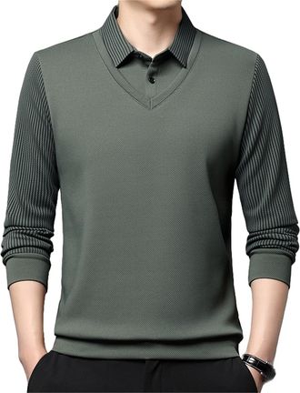 Generic Sempornai Striped Lapel Fake Two-Piece Shirt Business Work Polo Shirts Casual Sweater Fashionable Long-Sleeved Striped Top (Light Green,M)