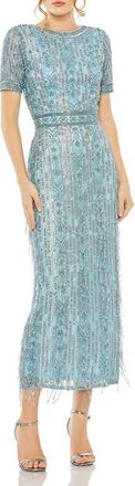Mac Duggal High Neck Short Sleeve Crystal Fringe Column Dress in French Blue at Nordstrom, Size 10