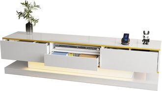 STILVORA Mueble De Tv Con 3 Cajones, 1 Hueco Abierto Y Led Multicolor, Acabado Brillo, 180&times;38&times;45 Cm, Blanco Y Dorado