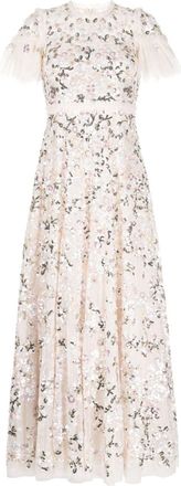 Needle & Thread floral-embroidered short-sleeve gown - women - Polyester - 16 - Neutrals