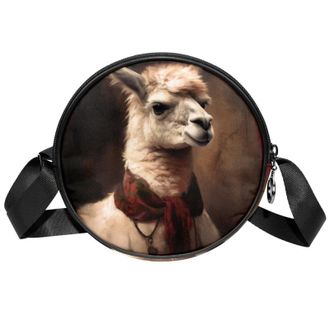 Generic Circle Crossbody Bag for Women, Vintage Alpaca Pattern Small Sling Bag Daypack with Zipper Adjustable Shoulder Straps Casual Ladies Girls Round Purse