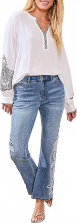 Tribal Sophia Applique Flare Jeans In Pebbleblue
