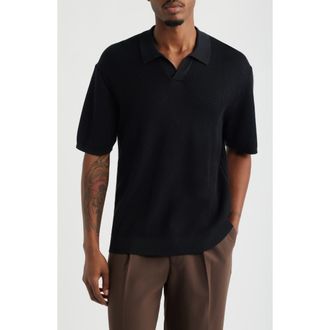 Open Edit Diagonal Stitch Short Sleeve Polo Sweater in Black at Nordstrom, Size Xx-Large
