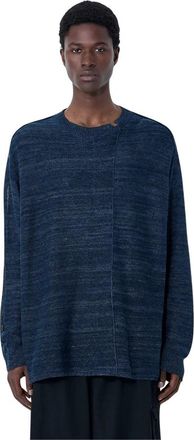 Yohji Yamamoto 7G 2Ply Pallarel Yarn Button Detail Sweater - Heren - Ronde hals truien - Blauw - L - Truien & Vesten