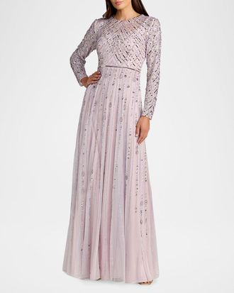 Mac Duggal Tulle Beaded Long-Sleeve A-Line Gown
