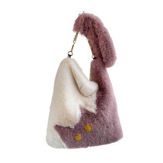 Generic Womens Plush Bags Cute Cat Pattern Shoulder Bag, Autumn Winter Plush Tote, Cartoon Color Contrast Large Capacity Diagonal Handbag(Purple)