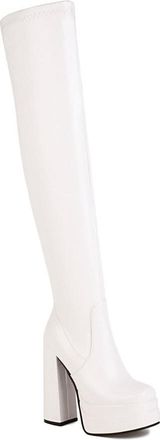 Generic Womens Patent Leather Thigh High Boots Square Toe Over The Knee Boots with Side Zipper Block Heel Platform Long Boot,White,3.5 UK