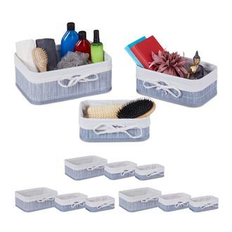 Relaxdays Cesto Almacenaje Set De 12, Bamb&uacute;, Tela, Caja Oganizadora Rectangular Estanter&iacute;a, Armario, 3 Tama&ntilde;os, Gris, Crema