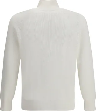 Brunello Cucinelli Ribbed Cotton with Half-Zip Sweater - White