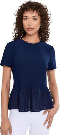 CeCe by Cynthia Steffe Short Sleeve Mixed Media Poplin Knit Top Womens Clothing Classic Navy : 2XL, Polyester/Spandex
