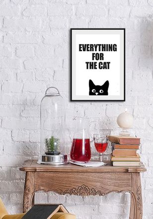 Queence Bild »EVERYTHING FOR THE CAT« Humor Katze Katzenbilder Schriftzug Schwarz-Weiss Sprüche & Texte 1 Stk. tlg. HD Premium Poster-Druck inkl. Holzrahmen
