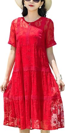 Dissa Women Red 100% Silk Dress Solid Round Neck Short Sleeve Silk Knee-Length Casual Cocktail Party Prom Dress Embroidered High-Waisted Mulberry Silk Flowy