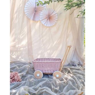 OEM Carrito De Juguete De Mimbre Rosa. Cesta De Juguete De Mimbre Con Ruedas