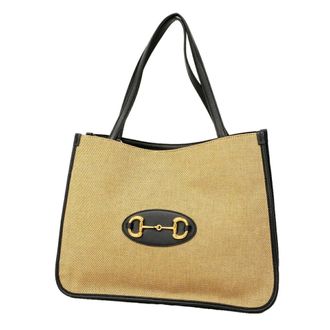 Gucci Beige Navy Canvas Leather Tote Bag (Pre-Owned)