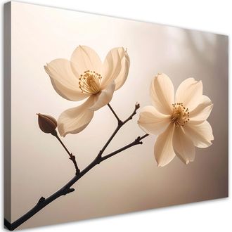 Feeby Cuadro En Lienzo Magnolias Sobre Una Rama En C&aacute;lidos Tonos Beige 100x70