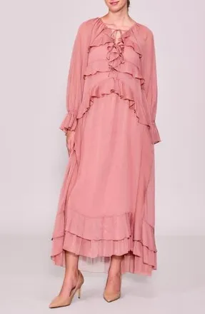 Melloday Ruffle Detail Long Sleeve Maxi Dress in Dusty Pink at Nordstrom Rack, Size X-Large