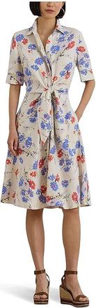 Lauren Ralph Lauren Floral Tie-Front Linen Shirtdress Womens Dress Cream/ : 10