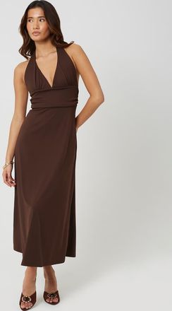 Brave Soul Vestito midi allacciato al collo in jersey color cioccolato-Marrone