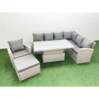 Fimous 8 Seat Rattan Garden Furniture Corner Sofa Set Outdoor Adjustable Lifting Dining or Coffee Table Set with Footstool Light Grey - Fimous