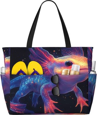 Generic Colorful Axolotl Print Large Beach Bag Foldable Travel Shoulder Tote Bag With Pocket For Weekender Pool Vacation