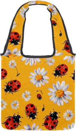 Generic Ladybug Daisies Yellow Reversible Canvas Shoulder Tote - Double-Sided Print, 12oz Cotton, 27cm Drop, Fold-Flat Bag for Travel, Shopping, Street Outing