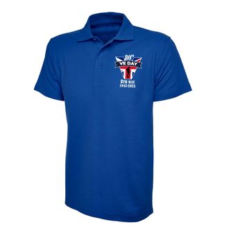 Generic 80th VE Day Flag Polo Shirt - 8th May 2025 Celebrating Victory in Europe Day WWII Remembrance Union Jack Flag Shield Gift Unisex Adults Polo (Royal, X