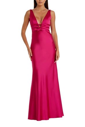 Mac Duggal Sleeveless V Neck Satin Gown With Bow Details in Raspberry at Nordstrom, Size 14
