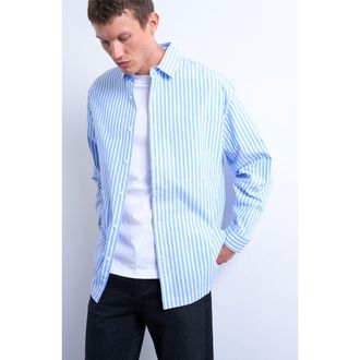 Topman Oversize Stripe Cotton Button-Up Shirt in Medium Blue at Nordstrom, Size X-Small