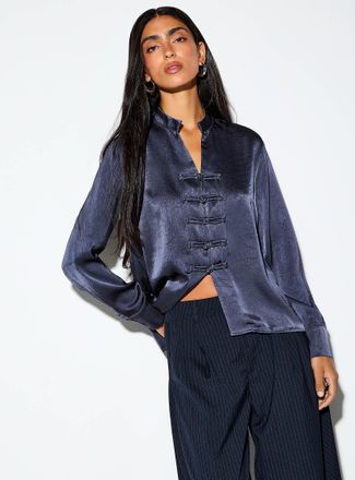 Icone Womens Frog toggle crinkled satin blouse