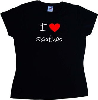 Tee Tree Designs I Love Heart Skiathos Black Ladies T-Shirt (White Print)-Size 12