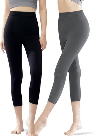 Power Flower 2-Pack Womens Cropped Cotton Leggings - 3/4 Length Black Leggings, Soft, Breathable & Comfortable Everyday Wear(9075-Combo2, L-XL)