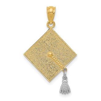 Diamond2Deal 14k Yellow Gold White Rhodium 3-D Graduation Cap Moveable Tassel Pendant