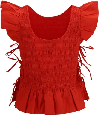 Ganni Womens Ruched Cotton Top With Side Bows Goji Berry Cotton; Elastane