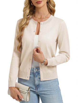 Grace Karin Womens Cardigans Long Sleeve, Rundhals Button Down Cardigans for Women UK, Business Casual Blazer Bolero Beige M