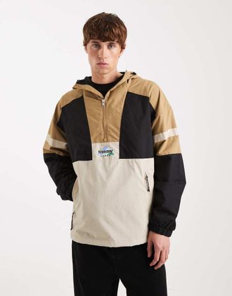 Tommy Jeans Giacca anorak color block impermeabile marrone e nera con cappuccio