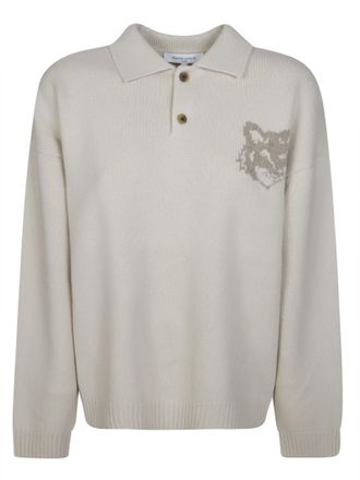 Maison Kitsun&eacute; Intarsia Fox Head Merino Wool Polo Sweater