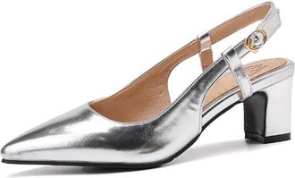 Generic Womens Pointed Toe Slingback Bridal Sandals Mid Block Heel Wedding Dress Shoes PU Leather Evening Party Prom Shoes with Buckle,Silver,2.5 UK