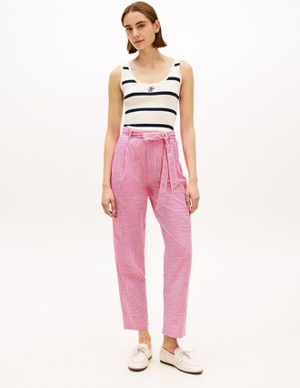 Tommy Hilfiger Womens Belted Gingham Seersucker Tapered Pant - Pink - XL
