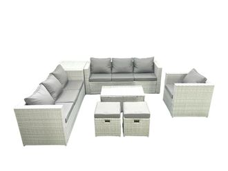 Fimous Wicker PE Rattan Sofa Garden Furniture Set with Armchair Oblong Coffee Table 2 Small Footstools Side Table Light Grey Mixed