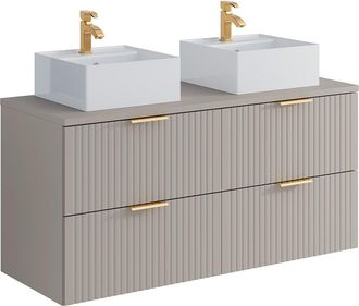 Vente-Unique Mueble de baño suspendido con doble lavabo cuadrado sobre encimera - Beige - L120 cm - ZEVARA