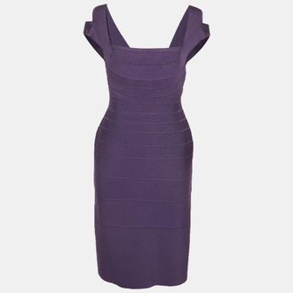 H&eacute;rve L&eacute;ger Purple Stretch Knit Sleeveless Bandage Dress