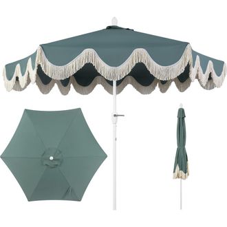 Jonathan Y Designs Collins 9 ft. Classic Cottage Fringe Tassel Market Patio Umbrella with Auto-Tilt Crank in Green/white Pole at Nordstrom